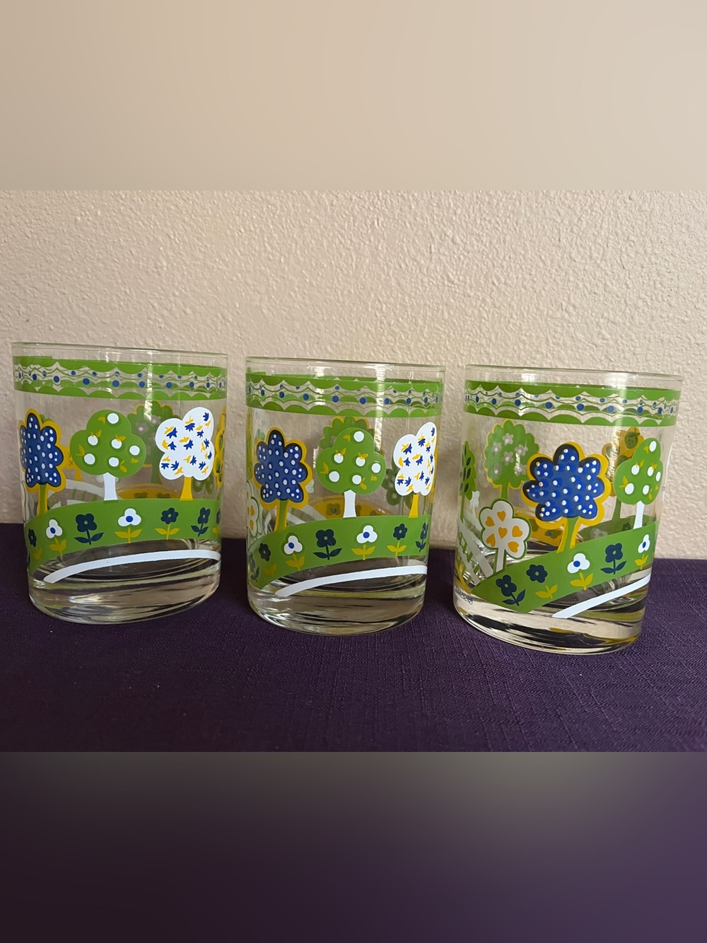 Vintage Set of 3 Lowball Glasses Retro Trees MCM Geometric Libbey 1960s 70s